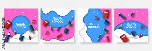 Back to school banner fun kids papercut supplies. Back to school vector template design. Welcome back to school text with educational supplies like backpack, water color, notebook, pen and calculator 