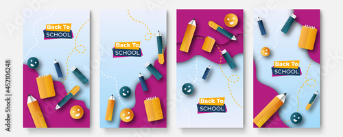 Back to school banner fun kids papercut supplies. Back to school vector template design. Welcome back to school text with educational supplies like backpack, water color, notebook, pen and calculator 