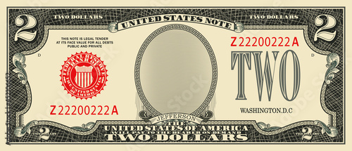 Fictional obverse of vintage US paper money. 2 dollar banknote with red seal. Jefferson photo