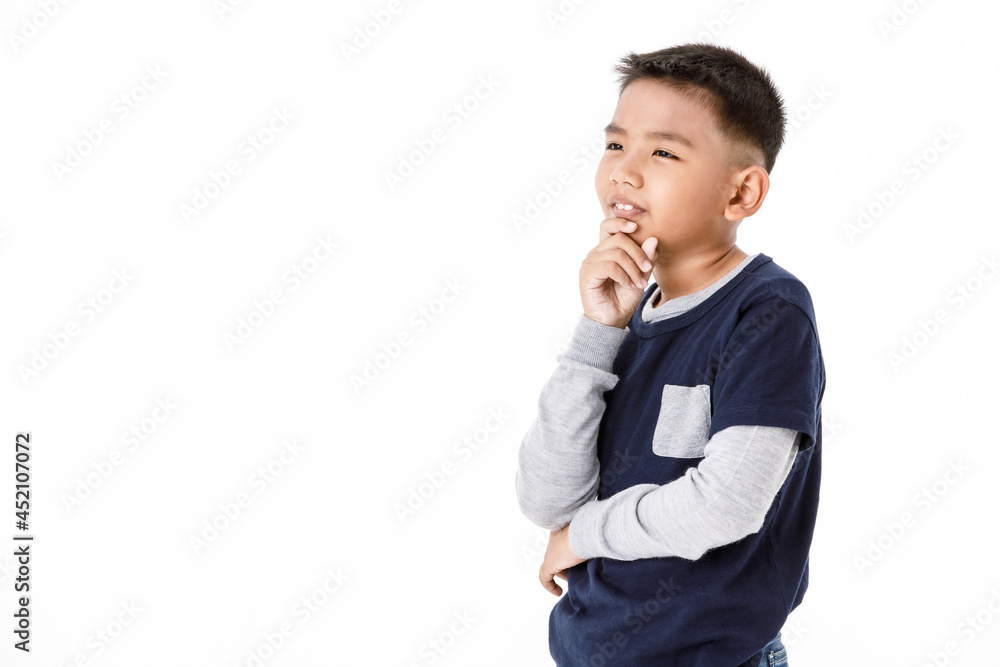 Lovely cutout portrait of healthy Asian boy on grey sweater and denim blue shirt wisely standing and catch chin as deeply consider opportunity, think, imagine possible future solution, creation Lovely cutout portrait of healthy Asian boy on grey sweater and denim blue shirt wisely standing and catch chin as deeply consider opportunity, think, imagine possible future solution, creation