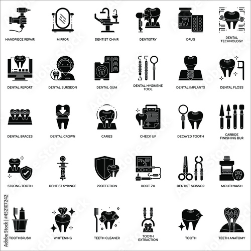 Black and white Dentist Elements flat icons collection set