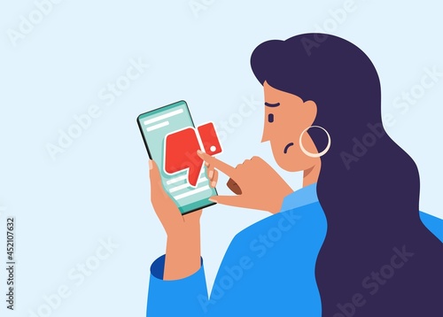 Young Woman Pressing Dislike Button on Social Media Post Illustration