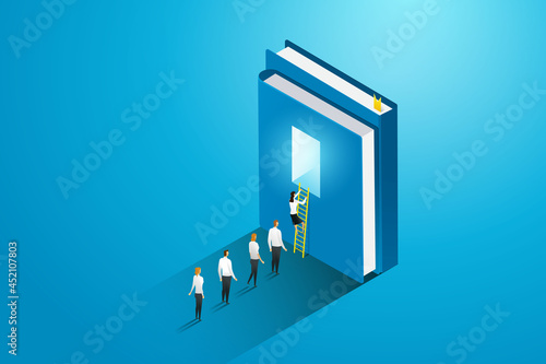 businessmen and students climb stairs into door on the book