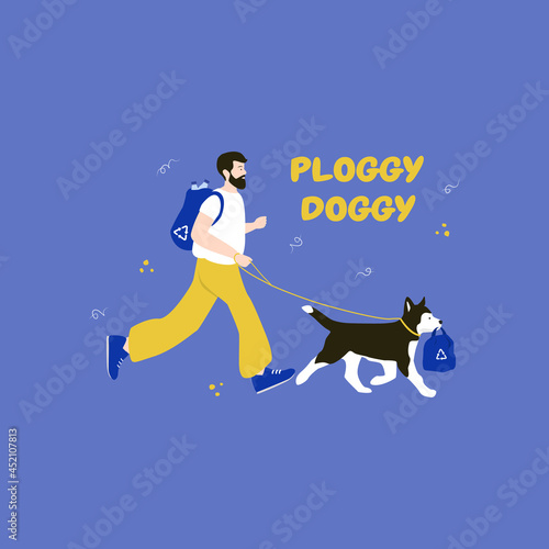 Vector illustration of a man with a dog. They are jogging and picking trash. Flat design illustration with lettering and additional elements.
