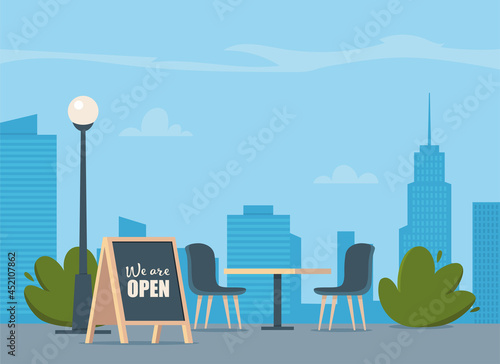Summer outdoor cafe with table and seats on modern city background. Street restaurant scene in flat design. Vector illustration.