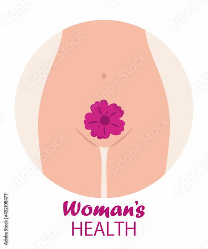 The concept of women's health with a female body, a female groin, a uterus and flowers in the pelvic area. Vector illustration.