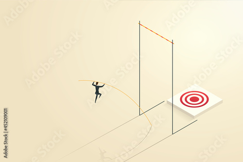 Businesswoman overcomes challenges by pole vaulting to reach her goals.