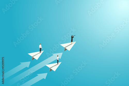 Businesswoman standing on paper plane Look at opportunities.