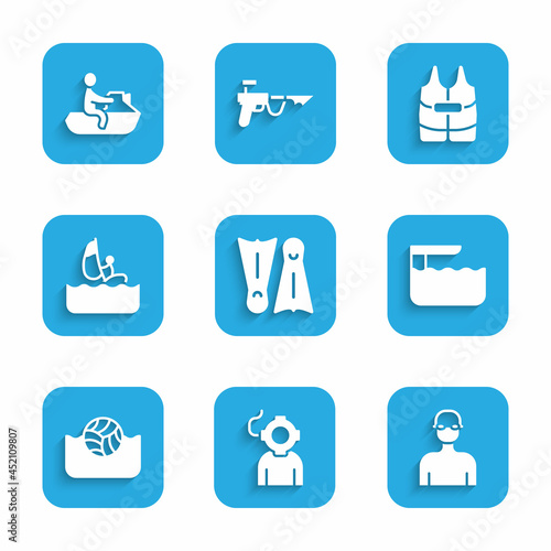 Set Flippers for swimming, Aqualung, Swimmer, Diving board springboard, Water polo, Windsurfing, Life jacket and Jet ski icon. Vector