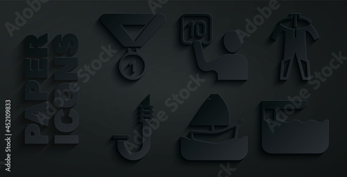 Set Yacht sailboat, Wetsuit for scuba diving, Snorkel, Diving board springboard, Assessment of judges and Medal icon. Vector