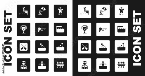 Set Wetsuit for scuba diving, Fishing harpoon, Award cup, Swimmer into pool, Diving board springboard, Kitesurfing, Water polo and Paddle icon. Vector