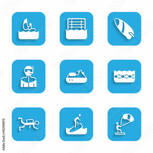 Set Jet ski, Surfboard, Kitesurfing, Swimming pool, Scuba diver, Wetsuit for scuba diving, and Windsurfing icon. Vector