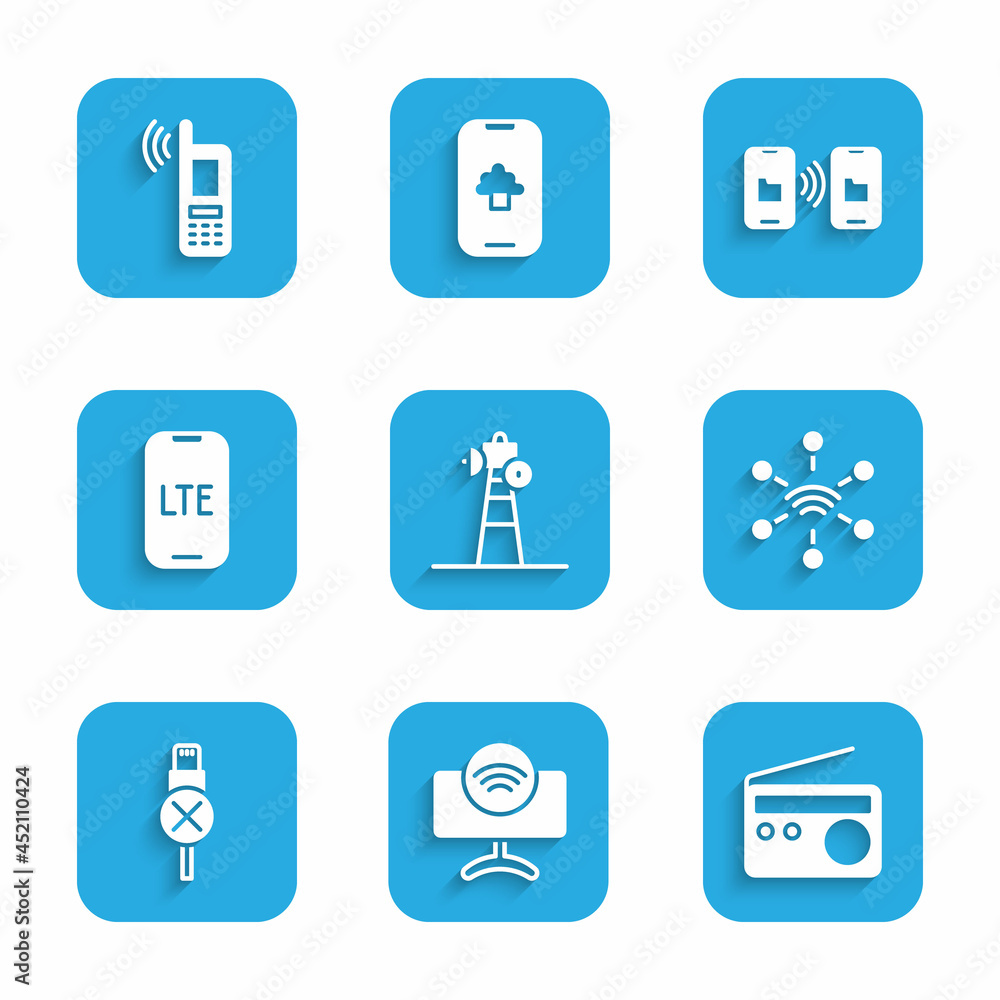 Set Satellite dish, Smart Tv system, Radio, Network, No usb cable cord, LTE network, Data transfer and storage and Mobile with wi-fi wireless icon. Vector Set Satellite dish, Smart Tv system, Radio, Network, No usb cable cord, LTE network, Data transfer and storage and Mobile with wi-fi wireless icon. Vector