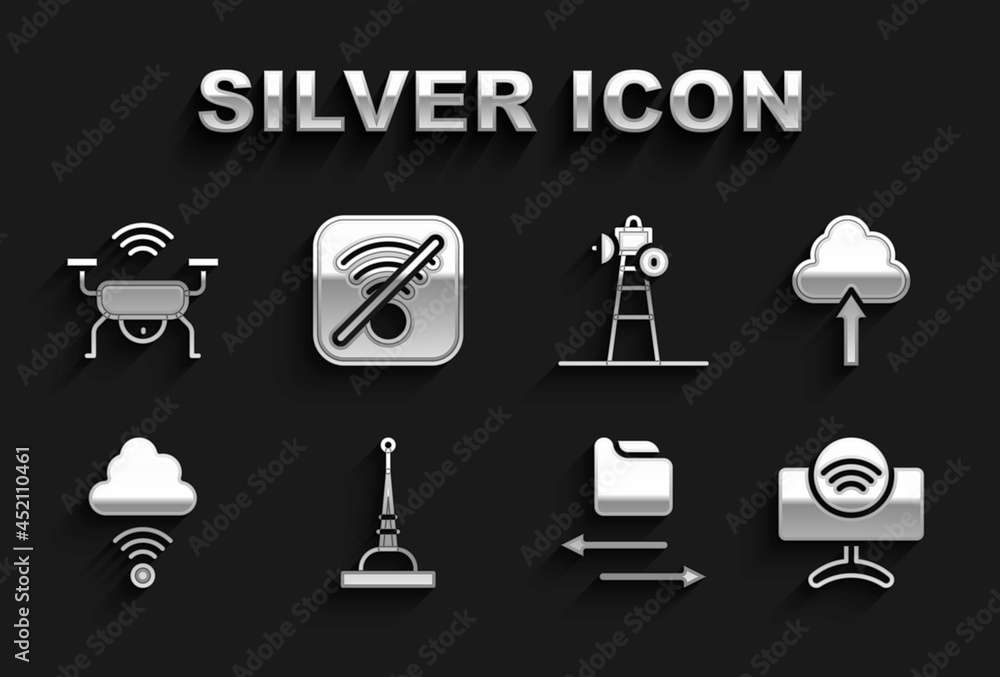 Set Antenna, Cloud upload, Smart Tv system, Transfer files, Network cloud connection, Satellite dish, drone and No Wi-Fi wireless internet icon. Vector Set Antenna, Cloud upload, Smart Tv system, Transfer files, Network cloud connection, Satellite dish, drone and No Wi-Fi wireless internet icon. Vector