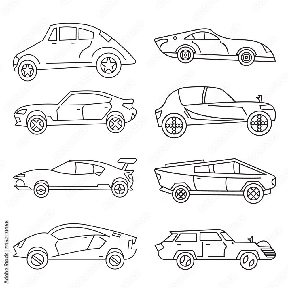 Set of Vector line art car illustration sketch coloring page for book and drawing. Hand-drawn Black and white vehicle Graphic element white background.