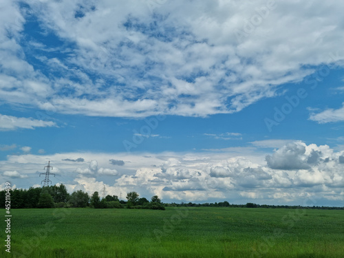 a green field with blue sky and clouds.  © andrey