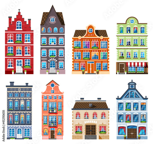 Residential House Icon Collection in Dutch Style. Amsterdam Old Building Set Isolated. Historic Facade with Windows, Door, Flowers and Curtains. Architecture of Old Europe. Flat Vector Illustration