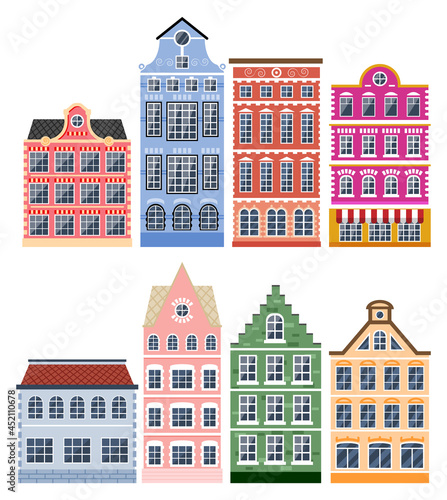 Residential House Icon Collection in Dutch Style. Amsterdam Old Building Set Isolated. Historic Facade with Windows. Architecture of Old Europe. Flat Vector Illustration