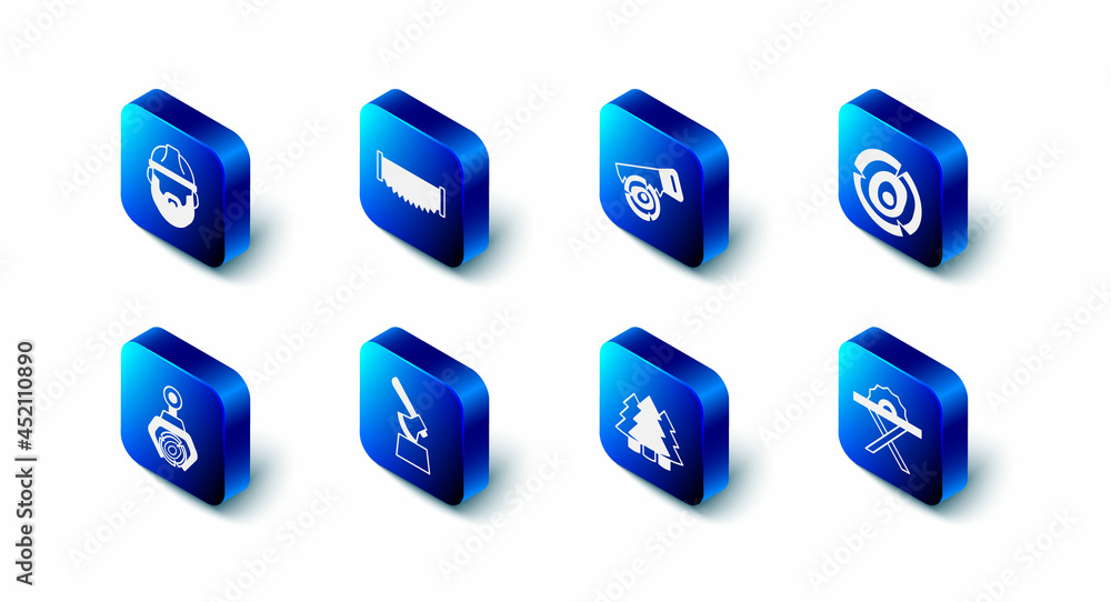 Set Two-handed saw, Hand log, Wooden logs, Electric circular, Christmas tree, axe in stump, Grapple crane grabbed and Lumberjack icon. Vector Set Two-handed saw, Hand log, Wooden logs, Electric circular, Christmas tree, axe in stump, Grapple crane grabbed and Lumberjack icon. Vector
