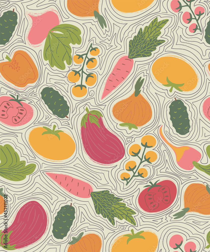 seamless pattern with hand drawn colorful vegetables with lines on background seamless pattern with hand drawn colorful vegetables with lines on background