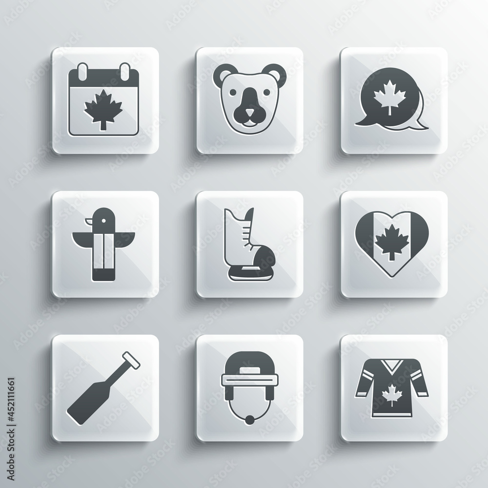 Set Hockey helmet, jersey, Heart shaped Canada flag, Skates, Paddle, Canadian totem pole, day with maple leaf and icon. Vector Set Hockey helmet, jersey, Heart shaped Canada flag, Skates, Paddle, Canadian totem pole, day with maple leaf and icon. Vector