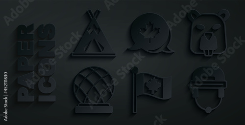 Set Flag of Canada, Beaver animal, Montreal Biosphere, Hockey helmet, Canadian maple leaf and Indian teepee or wigwam icon. Vector