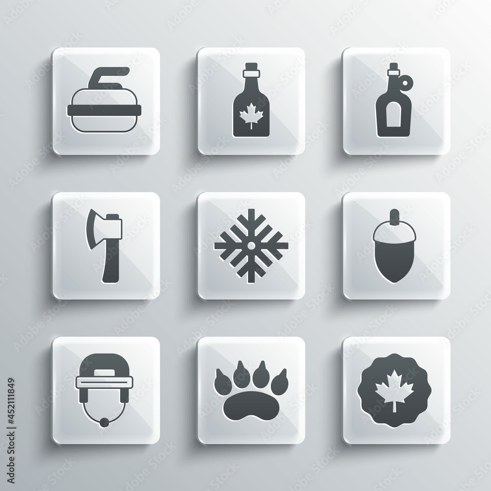 Set Bear paw footprint, Canadian maple leaf, Acorn, Snowflake, Hockey helmet, Wooden axe, Stone for curling and Bottle of syrup icon. Vector Set Bear paw footprint, Canadian maple leaf, Acorn, Snowflake, Hockey helmet, Wooden axe, Stone for curling and Bottle of syrup icon. Vector