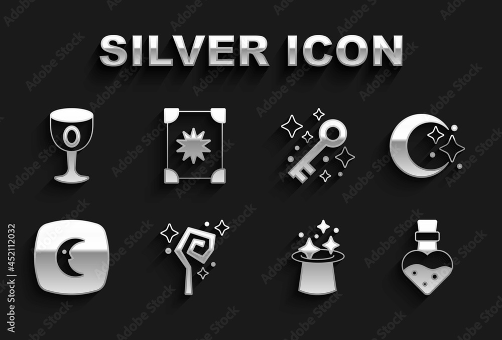 Set Magic staff, Moon and stars, Bottle with potion, hat, Old magic key, Medieval goblet and Ancient book icon. Vector Set Magic staff, Moon and stars, Bottle with potion, hat, Old magic key, Medieval goblet and Ancient book icon. Vector