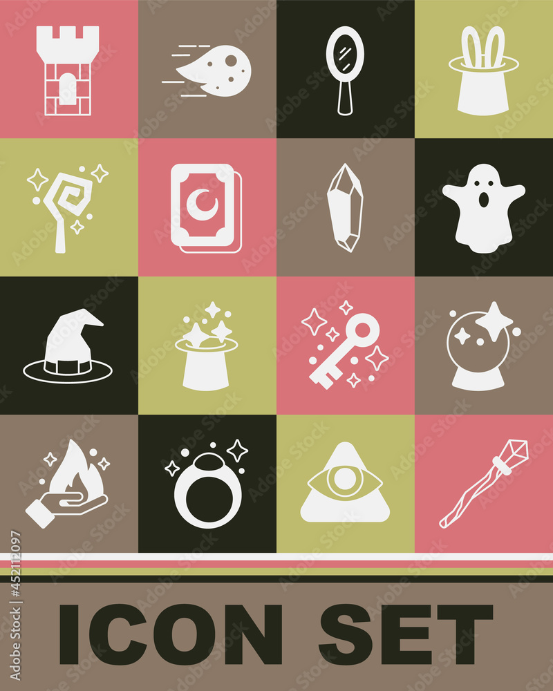 Set Magic staff, ball, Ghost, hand mirror, Tarot cards, Castle tower and stone icon. Vector Set Magic staff, ball, Ghost, hand mirror, Tarot cards, Castle tower and stone icon. Vector