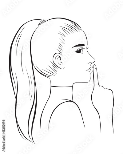 Sexy girl making a quiet gesture. vector illustration isolated cartoon hand drawn. Line art