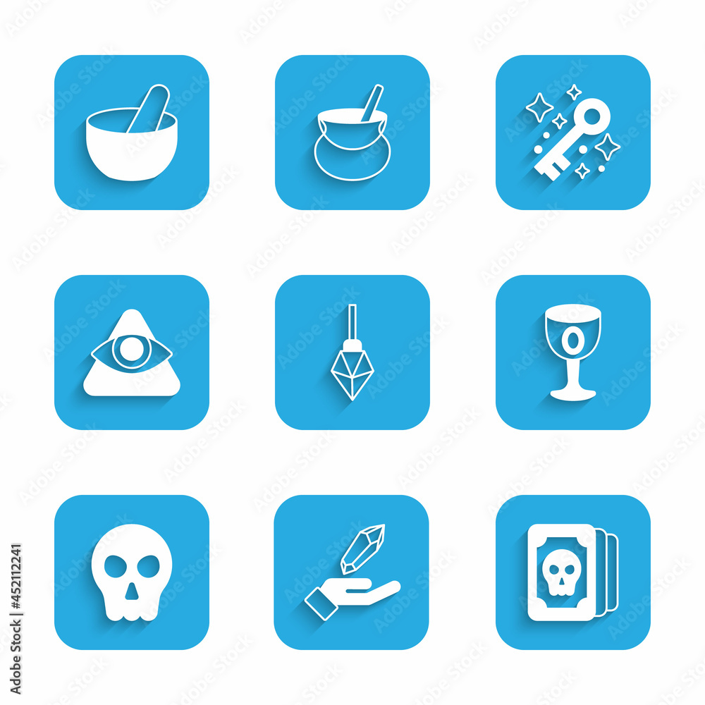 Set Magic stone, Tarot cards, Medieval goblet, Skull, All-seeing eye of God, Old magic key and Witch cauldron icon. Vector Set Magic stone, Tarot cards, Medieval goblet, Skull, All-seeing eye of God, Old magic key and Witch cauldron icon. Vector