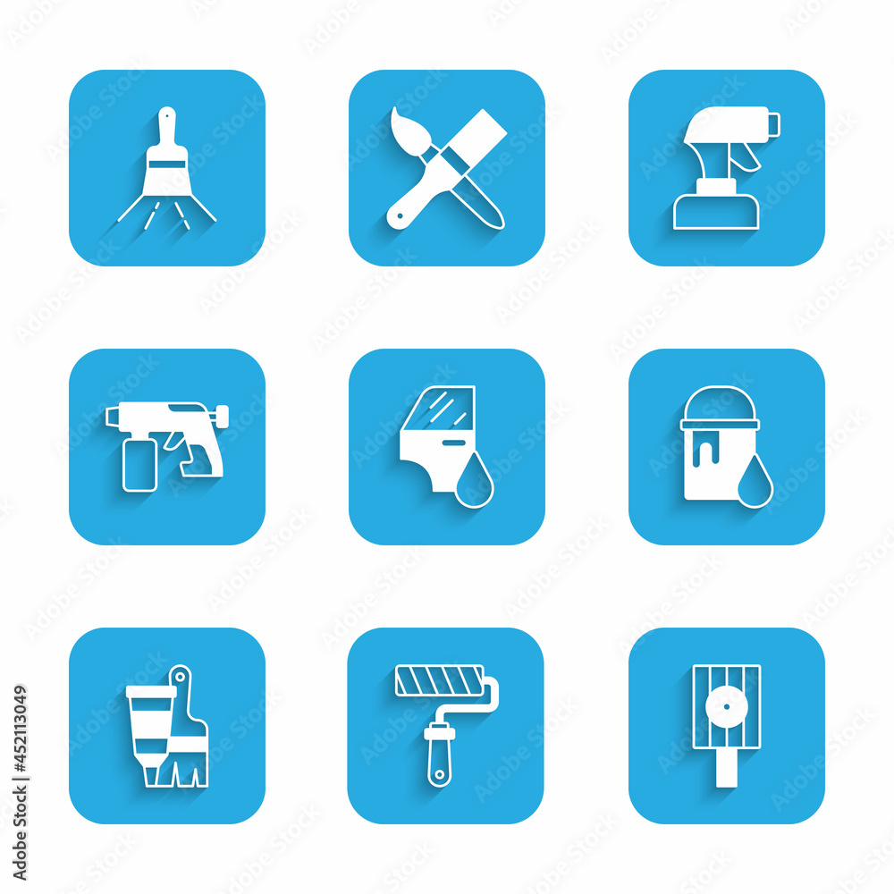 Set Car painting, Paint roller brush, Spray can nozzle cap, bucket, Tube with and, spray gun, and icon. Vector Set Car painting, Paint roller brush, Spray can nozzle cap, bucket, Tube with and, spray gun, and icon. Vector
