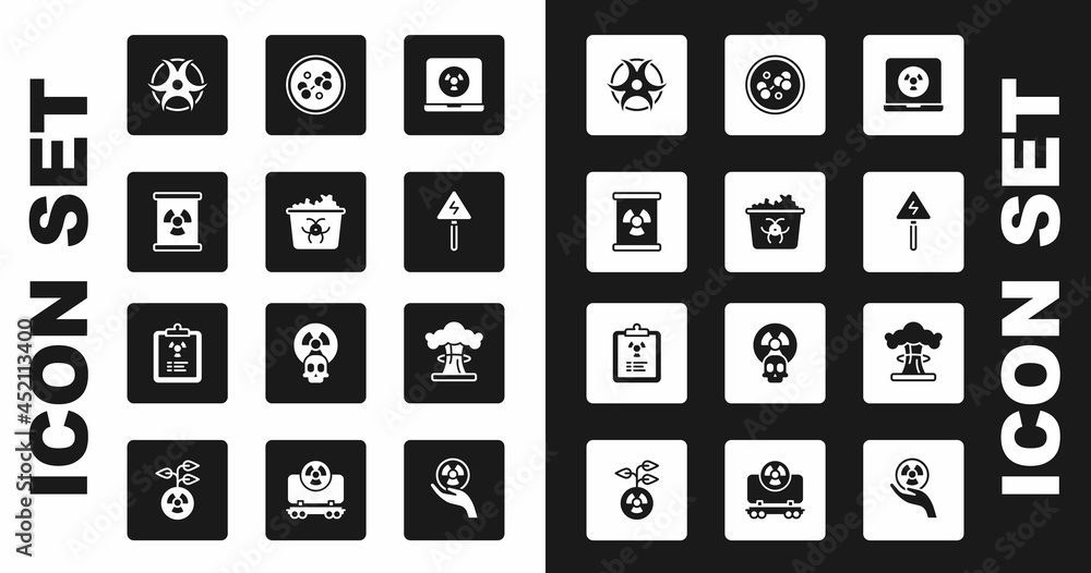Set Nuclear laptop, Infectious waste, Radioactive in barrel, Biohazard symbol, High voltage sign, Molecule, explosion and Radiation warning document icon. Vector Set Nuclear laptop, Infectious waste, Radioactive in barrel, Biohazard symbol, High voltage sign, Molecule, explosion and Radiation warning document icon. Vector