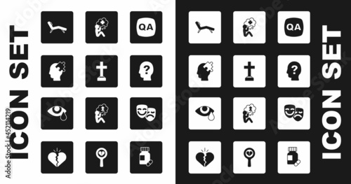 Set Question and Answer, Graves funeral sorrow, Solution to the problem, Armchair, Head with question mark, Helping hand, Comedy tragedy masks and Tear cry eye icon. Vector
