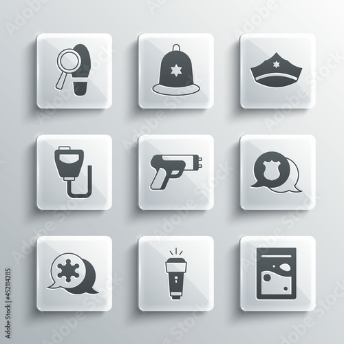 Set Flashlight, Plastic bag of drug, Police badge, electric shocker, Hexagram sheriff, Walkie talkie, Footsteps and cap with cockade icon. Vector