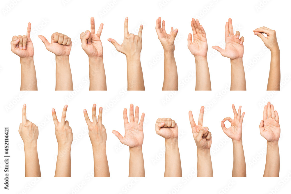 Compilation of random hand gesture close ups isolated with white background. Sign language compilation