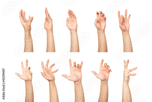 Compilation of holding or grabbing hand gesture close ups isolated with white background. Holding hand gesture, grabbing hand gesture cutout.