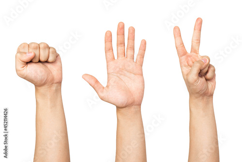 Compilation of hand playing rock paper scissors close up isolated with white background. Rock paper scissors hand gesture.