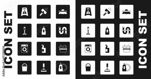 Set Brush for cleaning, Dishwashing liquid bottle, Vacuum cleaner, Wet floor, Industry metallic pipe, Basin with soap suds and Washer icon. Vector