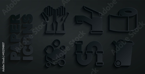 Set Industry metallic pipe, Toilet paper roll, Bar of soap, Trash can, Water tap and Rubber gloves icon. Vector