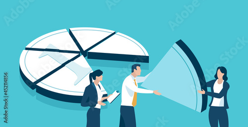 Dividing profit. Profit distribution. A business couple takes away part of a business chart. Business concept illustration.
