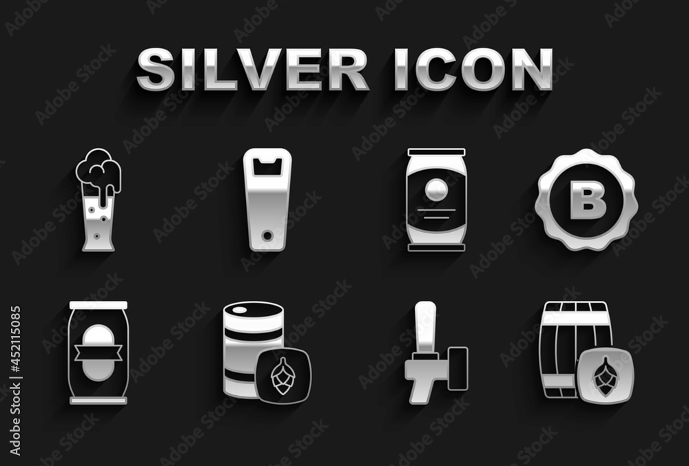 Set Metal beer keg, Bottle cap with, Wooden barrel, Beer tap, can, Glass of and opener icon. Vector Set Metal beer keg, Bottle cap with, Wooden barrel, Beer tap, can, Glass of and opener icon. Vector