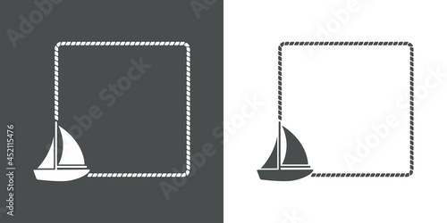 Logotipo con barco de vela con marco de cuerda en fondo gris y fondo banco