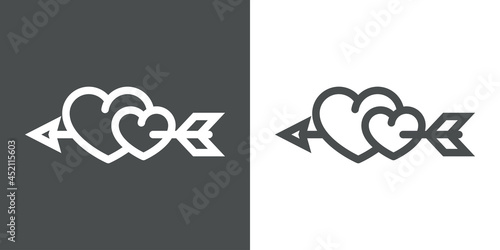 Día de San Valentín. Logotipo con silueta de 2 corazones perforados por una flecha con lineas en fondo gris y fondo blanco