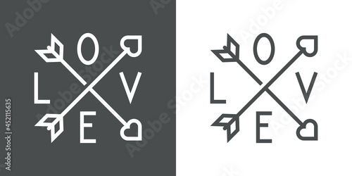 Día de San Valentín. Logotipo con texto hecho a mano Love alrededor de 2 flechas con corazón en cruz con lineas en fondo gris y fondo blanco