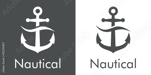 Logotipo con texto Nautical y silueta de ancla de barco con olas en fondo gris y fondo blanco