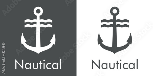 Logotipo con texto Nautical y silueta de ancla de barco con olas en fondo gris y fondo blanco