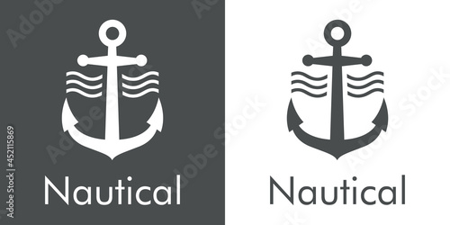 Logotipo con texto Nautical y silueta de ancla de barco con olas en fondo gris y fondo blanco