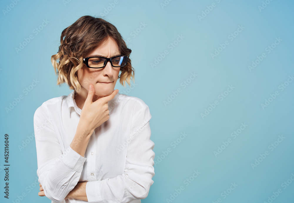 emotional business woman in white shirt gesturing with her hands studio emotional business woman in white shirt gesturing with her hands studio