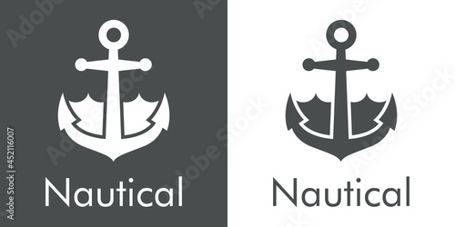 Logotipo con texto Nautical y silueta de ancla de barco con olas en fondo gris y fondo blanco
